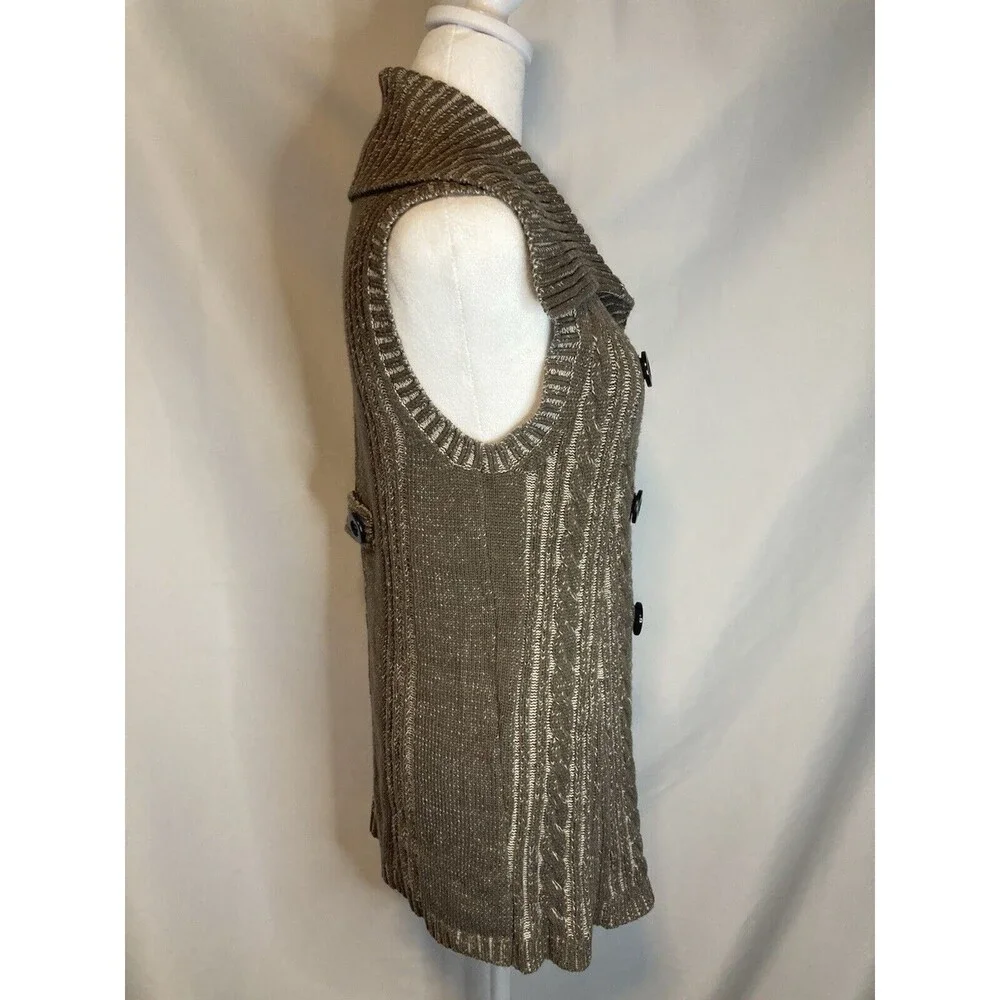 Hannah Tan Cardigan Sweater Vest M Double Breasted Collared Chunky Ribbed Taupe